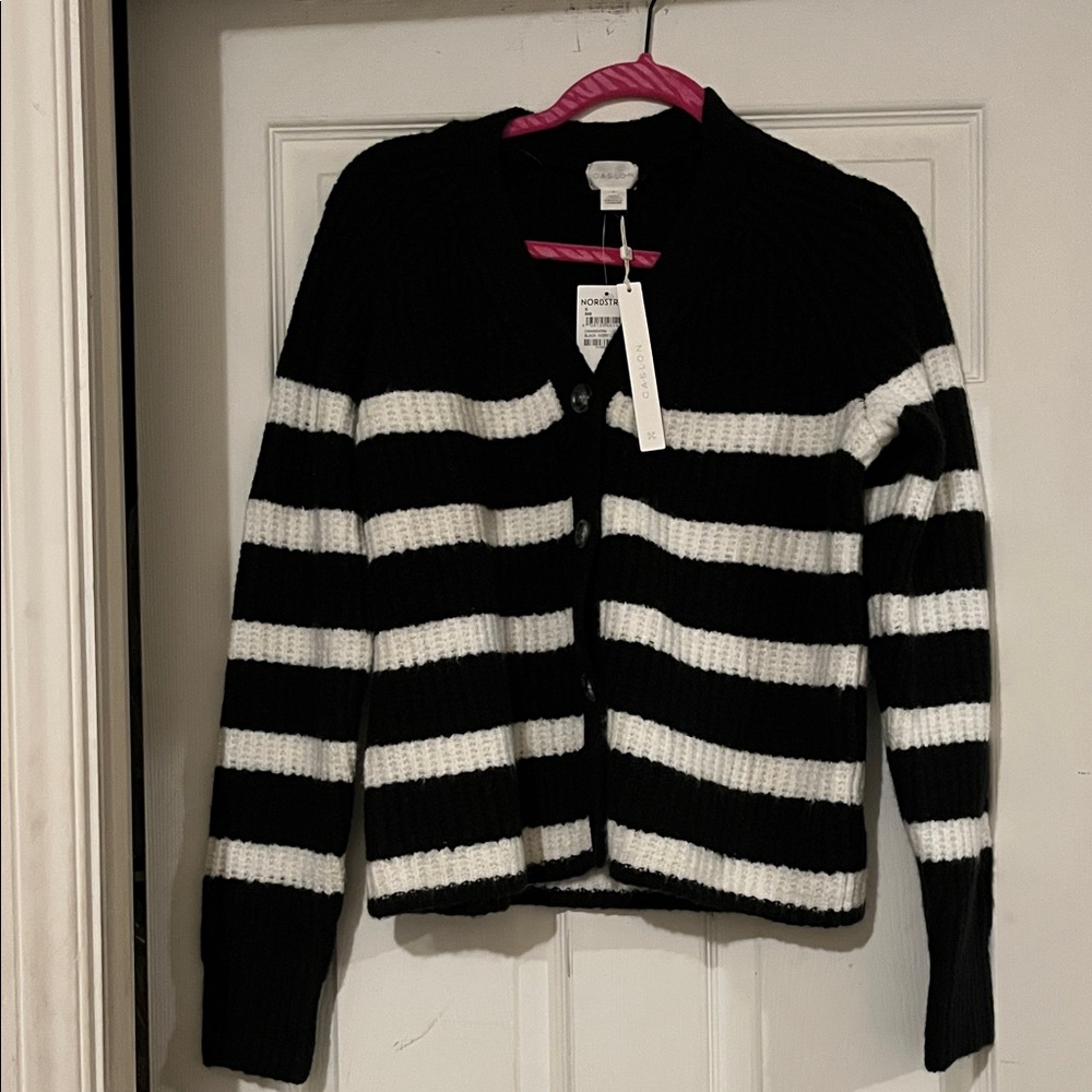 Thick Black and White Striped Cardigan, button down
